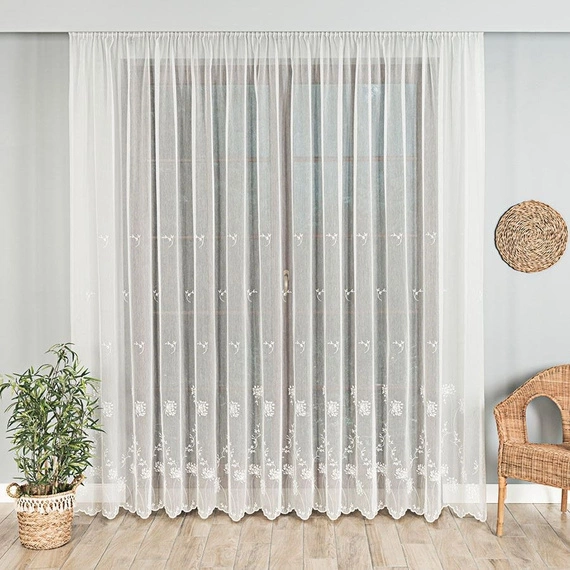 Firanka haftowana z wzorem pasowym 053801 / kolor kremowy / wysokość 280cm