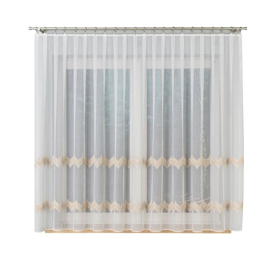 Firanka haftowana z wzorem pasowym 112750 / kolor biały ze złotym / wysokość 160cm