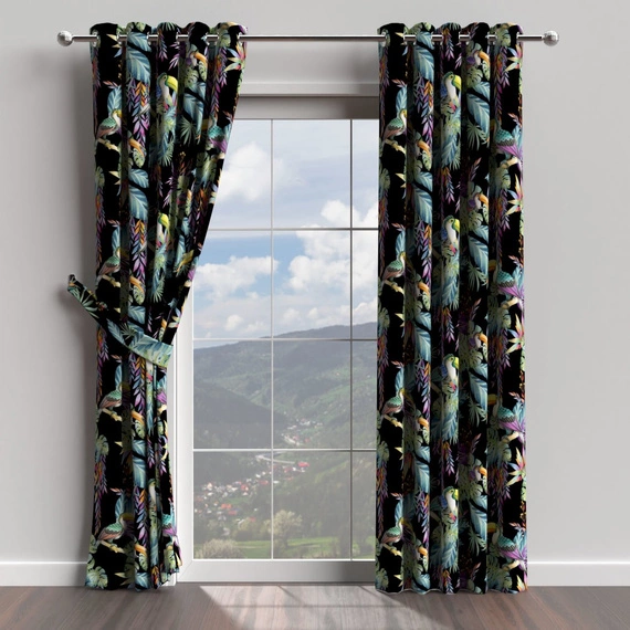 Tkanina zasłonowa w liście, czarna TUKANY 102 - 150cm