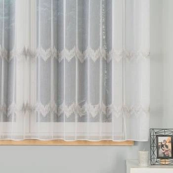 Firanka haftowana z wzorem pasowym 112750 / kolor biały z szarym i srebrnym / wysokość 160cm