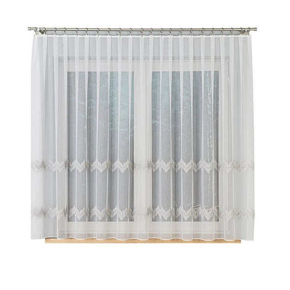 Firanka haftowana z wzorem pasowym 112750 / kolor biały z szarym i srebrnym / wysokość 160cm