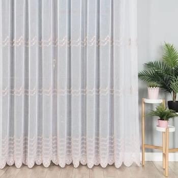 Firanka haftowana z wzorem pasowym 034456 / kolor biały z antycznym złotem / wysokość 280cm