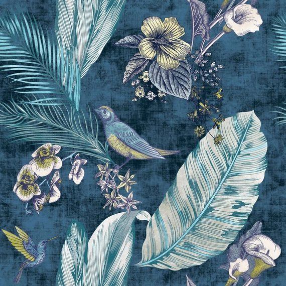 Tkanina zasłonowa w kwiaty, liście, ciemny turkus 381170/2009 - 150cm