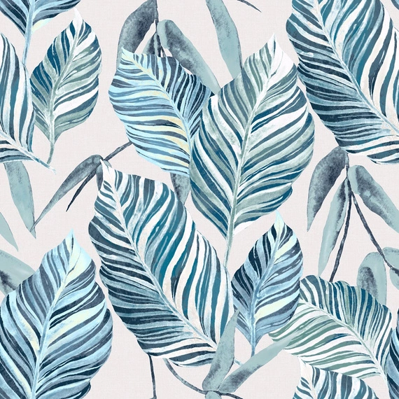 Tkanina zasłonowa w liście, niebieska 380392/2009 - 150cm