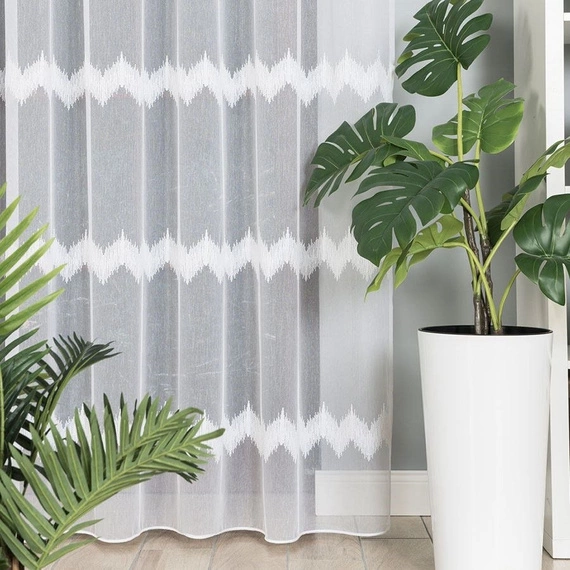 Firanka haftowana z wzorem pasowym 112750 / kolor biały z błyskiem / wysokość 280cm