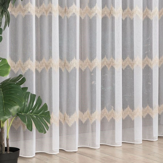 Firanka haftowana z wzorem pasowym 112750 / kolor biały ze złotym / wysokość 280cm